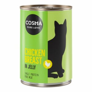 Blötmat för katt på burk, kycklingbröst i gelé, från märket Cosma