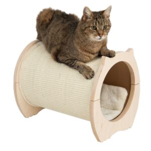 Katt vilar ovanpå sin julklapp, klöstunnan Natural Paradise